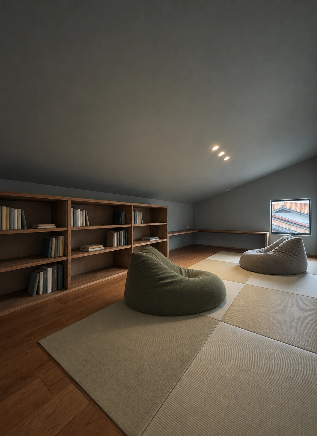 本棚とカウンターを備えた畳の屋根裏空間